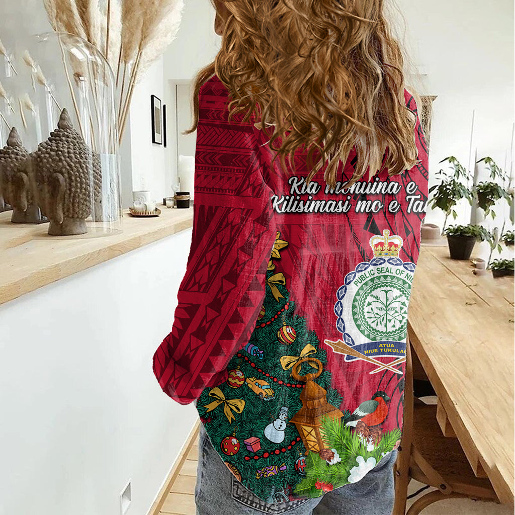 Niue Christmas Women Casual Shirt Coat of Arms and Polynesian Tattoo Xmas Element Christmas Red Vibe LT03 - Polynesian Pride