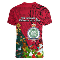 Niue Christmas Women V Neck T Shirt Coat of Arms and Polynesian Tattoo Xmas Element Christmas Red Vibe LT03 - Polynesian Pride