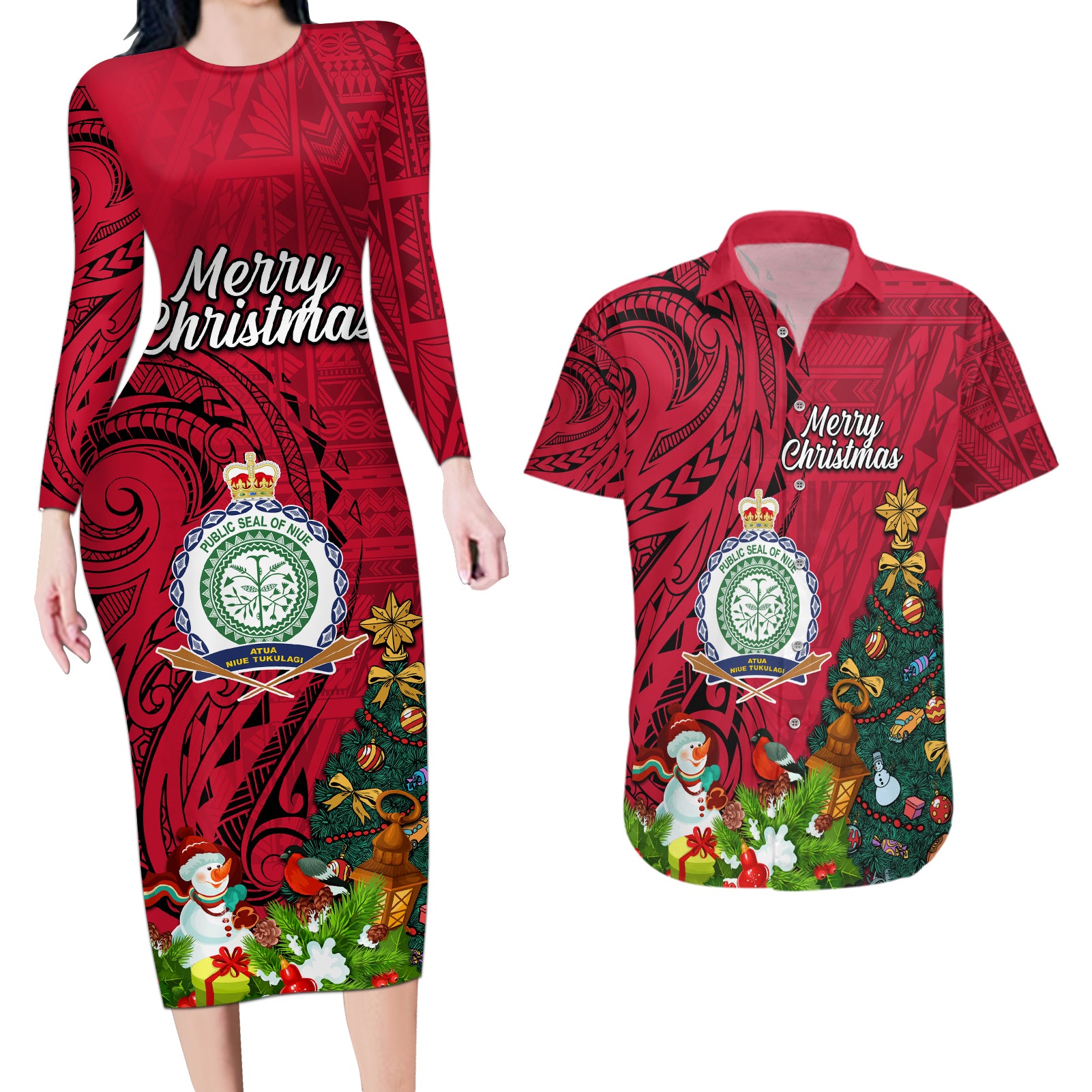 Personalised Niue Christmas Couples Matching Long Sleeve Bodycon Dress and Hawaiian Shirt Coat of Arms and Polynesian Tattoo Xmas Element Christmas Red Vibe LT03 Red - Polynesian Pride