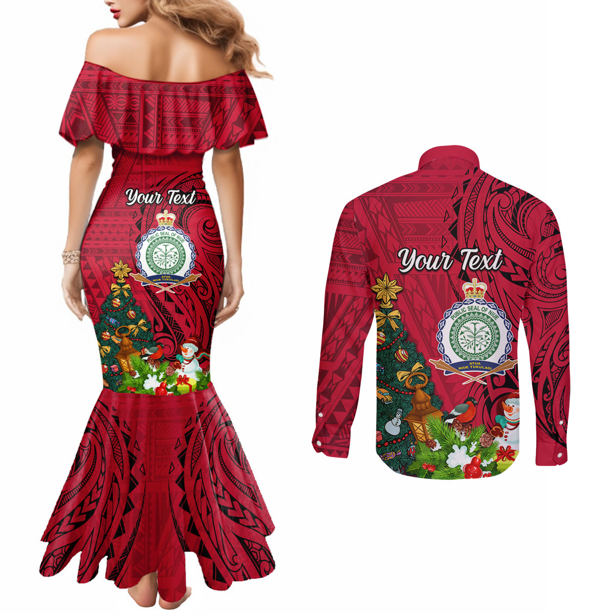 Personalised Niue Christmas Couples Matching Mermaid Dress and Long Sleeve Button Shirt Coat of Arms and Polynesian Tattoo Xmas Element Christmas Red Vibe LT03 - Polynesian Pride