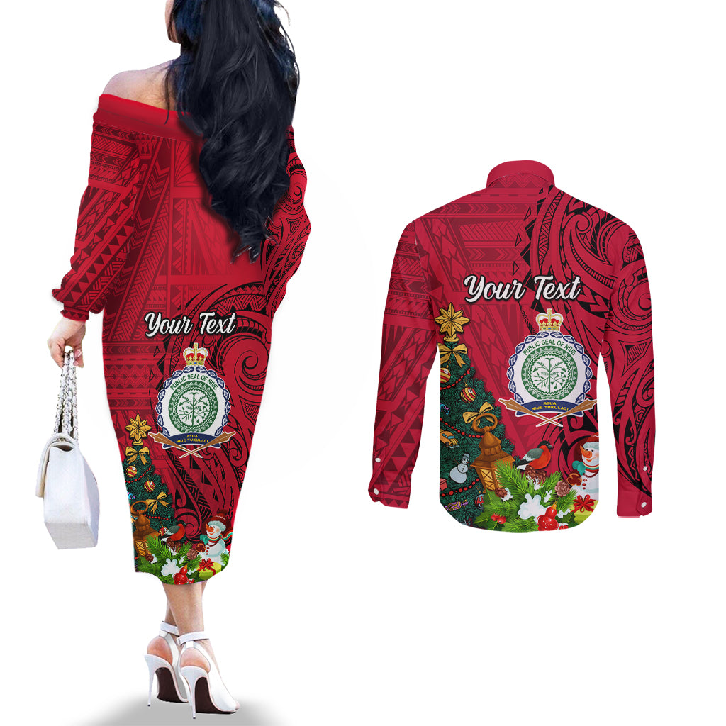 Personalised Niue Christmas Couples Matching Off The Shoulder Long Sleeve Dress and Long Sleeve Button Shirt Coat of Arms and Polynesian Tattoo Xmas Element Christmas Red Vibe LT03 - Polynesian Pride