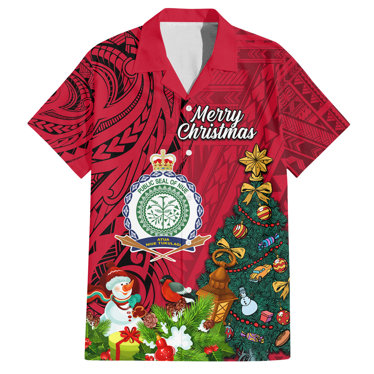 Personalised Niue Christmas Family Matching Long Sleeve Bodycon Dress and Hawaiian Shirt Coat of Arms and Polynesian Tattoo Xmas Element Christmas Red Vibe LT03 Dad's Shirt - Short Sleeve Red - Polynesian Pride