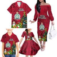 Personalised Niue Christmas Family Matching Off Shoulder Long Sleeve Dress and Hawaiian Shirt Coat of Arms and Polynesian Tattoo Xmas Element Christmas Red Vibe LT03 - Polynesian Pride