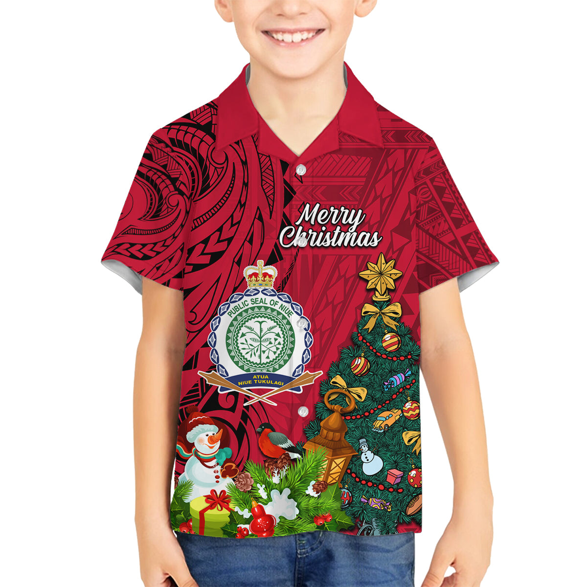 Personalised Niue Christmas Family Matching Puletasi Dress and Hawaiian Shirt Coat of Arms and Polynesian Tattoo Xmas Element Christmas Red Vibe LT03 Son's Shirt Red - Polynesian Pride