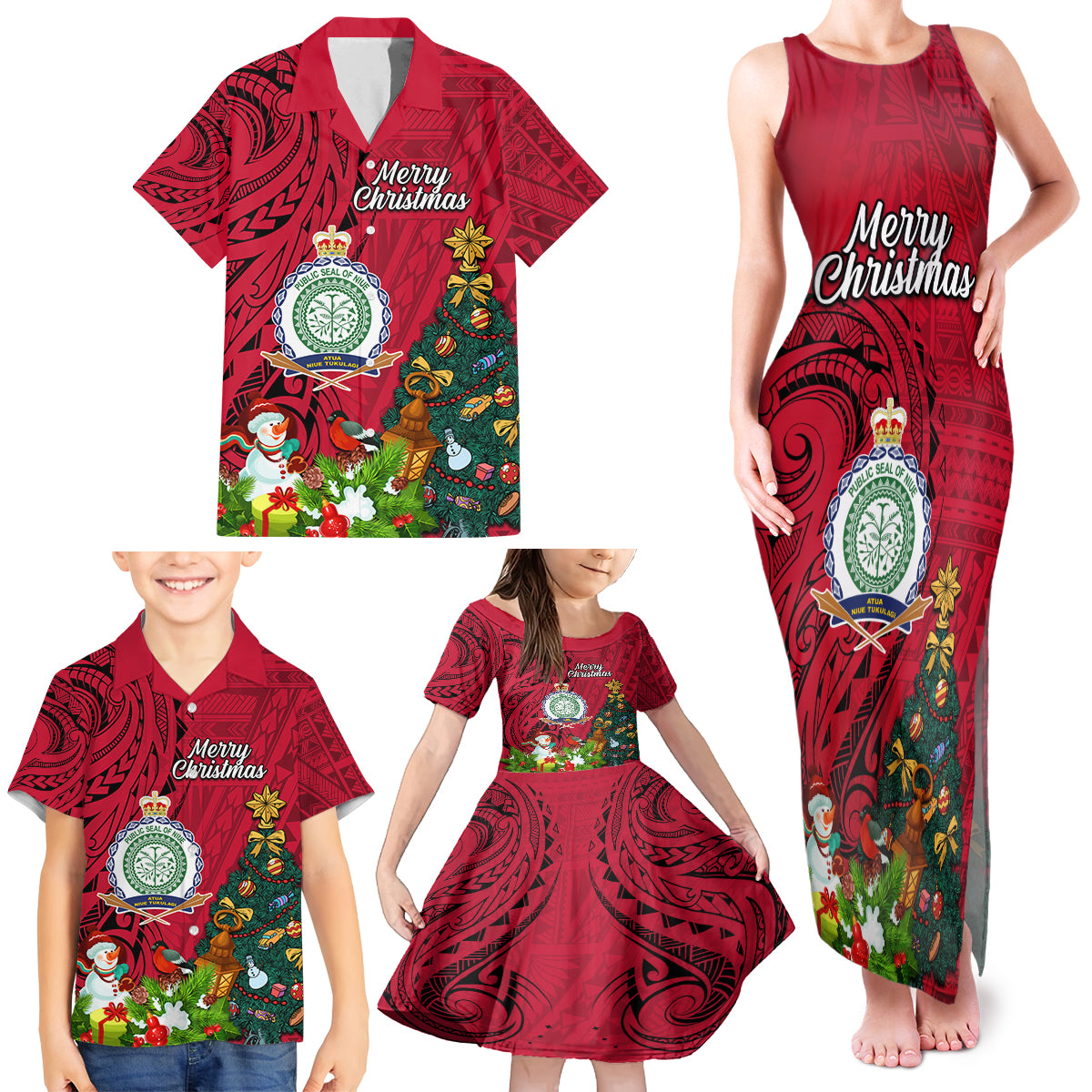 Personalised Niue Christmas Family Matching Tank Maxi Dress and Hawaiian Shirt Coat of Arms and Polynesian Tattoo Xmas Element Christmas Red Vibe LT03 - Polynesian Pride