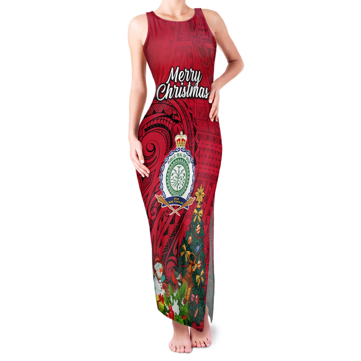 Personalised Niue Christmas Family Matching Tank Maxi Dress and Hawaiian Shirt Coat of Arms and Polynesian Tattoo Xmas Element Christmas Red Vibe LT03 Mom's Dress Red - Polynesian Pride