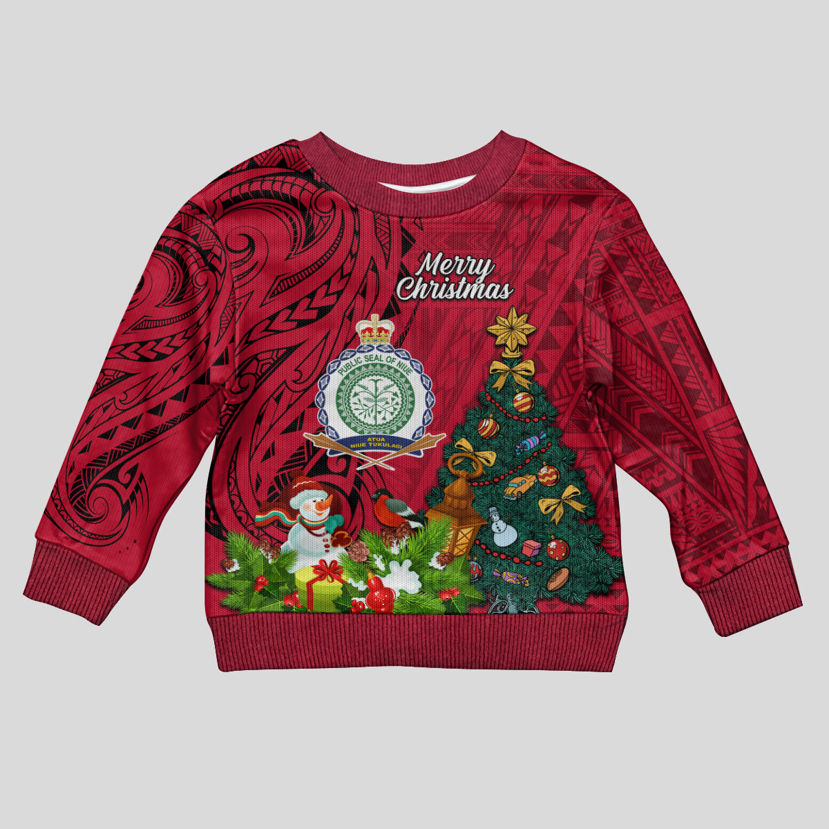 Personalised Niue Christmas Kid Ugly Christmas Sweater Coat of Arms and Polynesian Tattoo Xmas Element Christmas Red Vibe LT03 Kid Red - Polynesian Pride