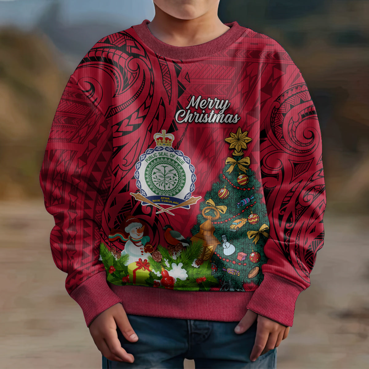 Personalised Niue Christmas Kid Ugly Christmas Sweater Coat of Arms and Polynesian Tattoo Xmas Element Christmas Red Vibe LT03 - Polynesian Pride
