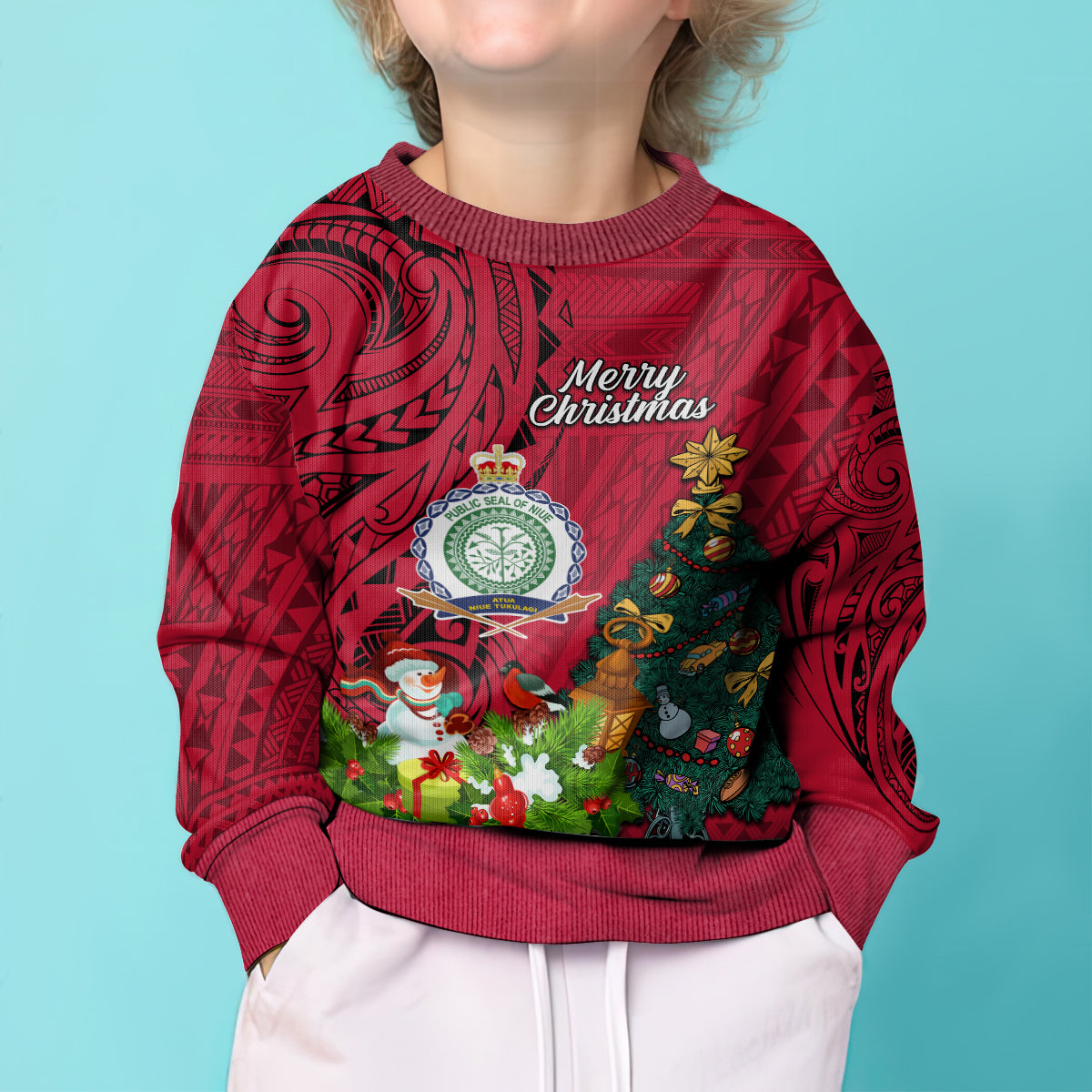 Personalised Niue Christmas Kid Ugly Christmas Sweater Coat of Arms and Polynesian Tattoo Xmas Element Christmas Red Vibe LT03 - Polynesian Pride