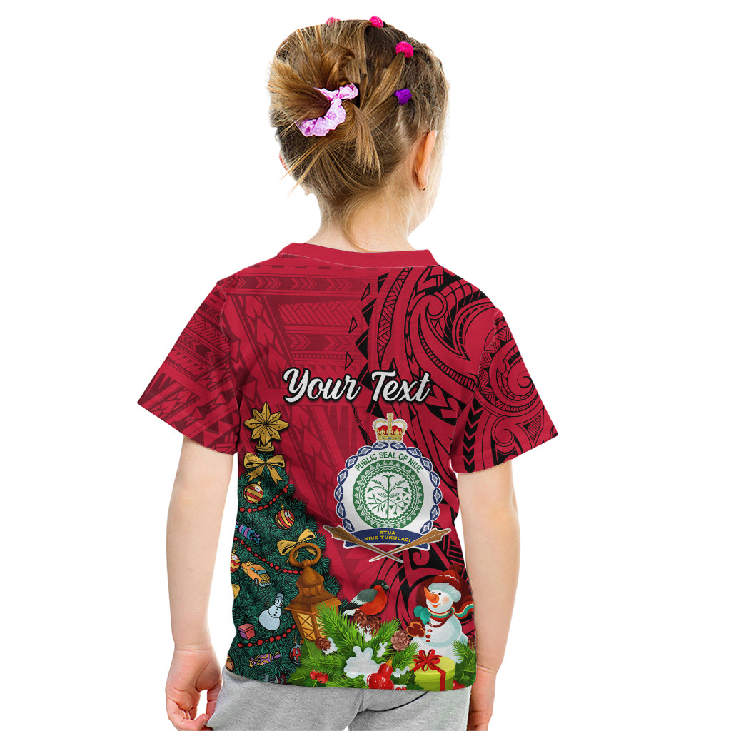 Personalised Niue Christmas Kid T Shirt Coat of Arms and Polynesian Tattoo Xmas Element Christmas Red Vibe LT03 - Polynesian Pride