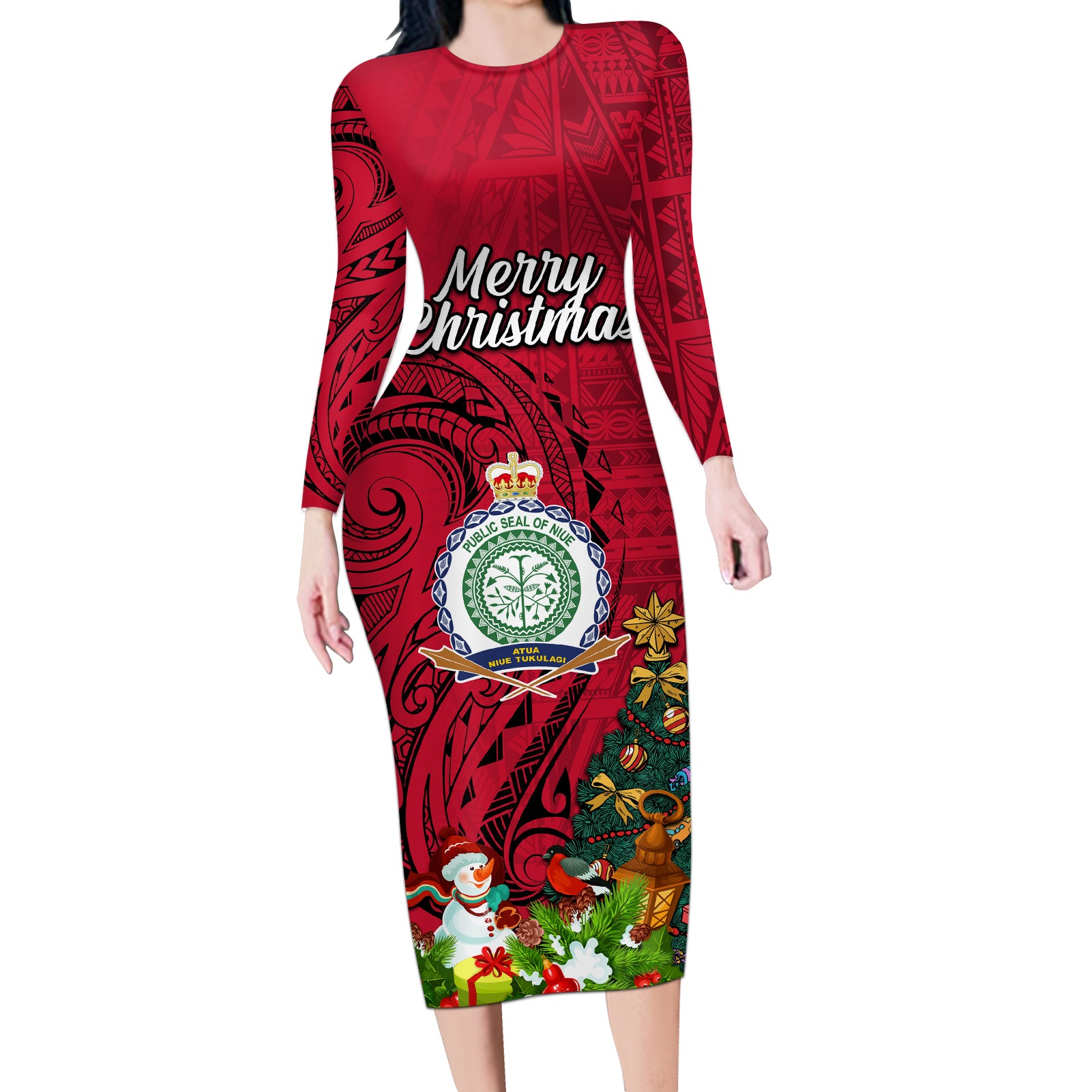 Personalised Niue Christmas Long Sleeve Bodycon Dress Coat of Arms and Polynesian Tattoo Xmas Element Christmas Red Vibe LT03 Long Dress Red - Polynesian Pride