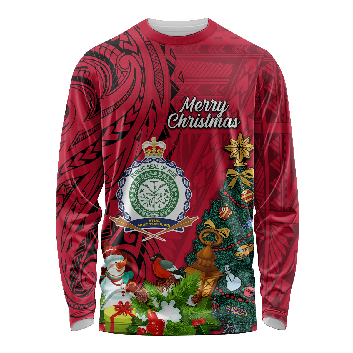 Personalised Niue Christmas Long Sleeve Shirt Coat of Arms and Polynesian Tattoo Xmas Element Christmas Red Vibe LT03 Unisex Red - Polynesian Pride