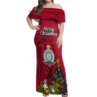 Personalised Niue Christmas Off Shoulder Maxi Dress Coat of Arms and Polynesian Tattoo Xmas Element Christmas Red Vibe LT03 Women Red - Polynesian Pride