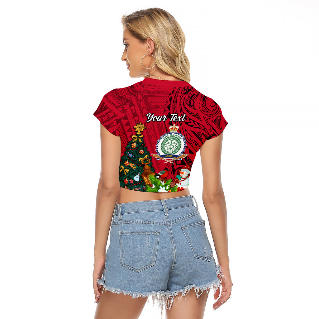 Personalised Niue Christmas Raglan Cropped T Shirt Coat of Arms and Polynesian Tattoo Xmas Element Christmas Red Vibe LT03 - Polynesian Pride