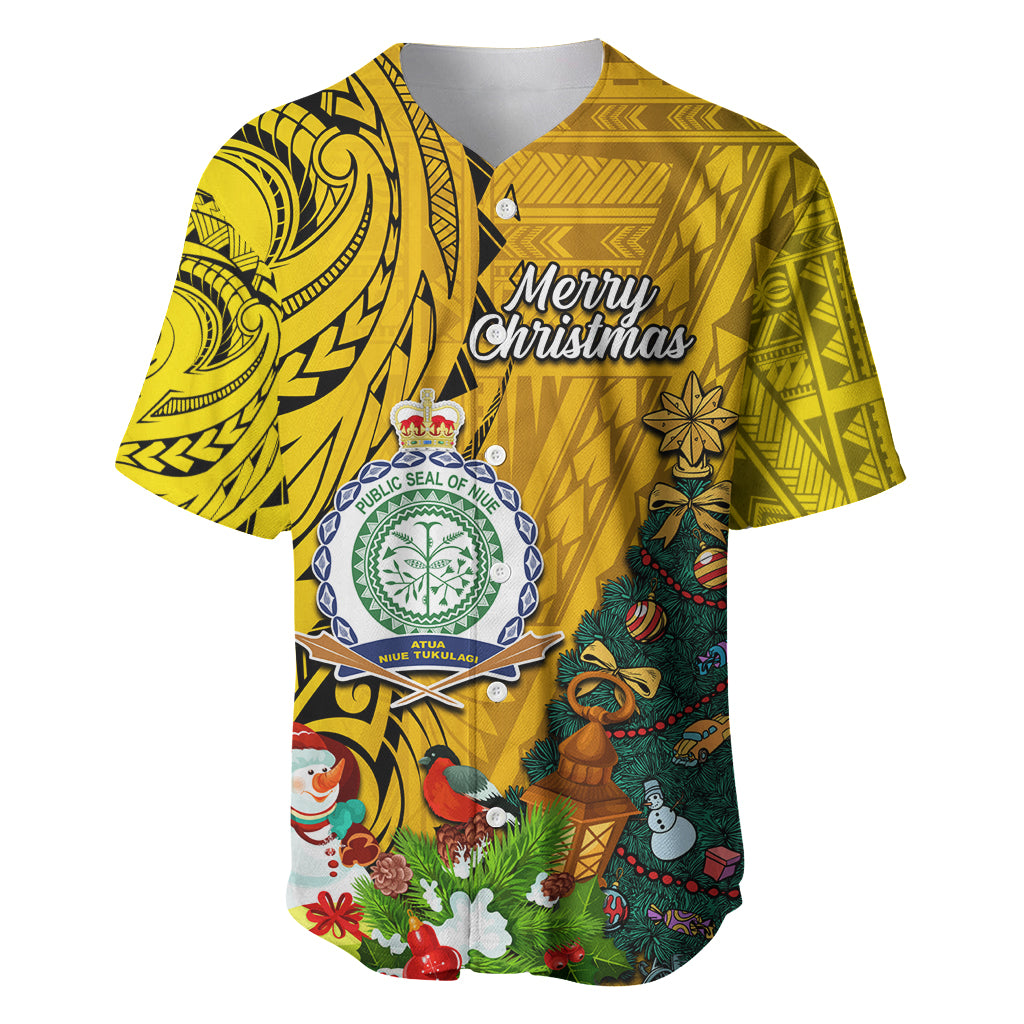 Niue Christmas Baseball Jersey Coat of Arms and Polynesian Tattoo Xmas Element Christmas Yellow Vibe LT03 Yellow - Polynesian Pride