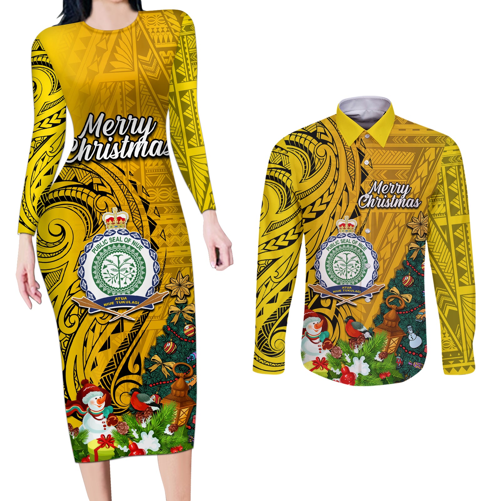 Niue Christmas Couples Matching Long Sleeve Bodycon Dress and Long Sleeve Button Shirt Coat of Arms and Polynesian Tattoo Xmas Element Christmas Yellow Vibe LT03 Yellow - Polynesian Pride