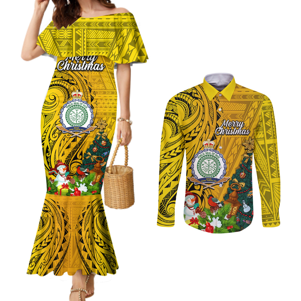 Niue Christmas Couples Matching Mermaid Dress and Long Sleeve Button Shirt Coat of Arms and Polynesian Tattoo Xmas Element Christmas Yellow Vibe LT03 Yellow - Polynesian Pride