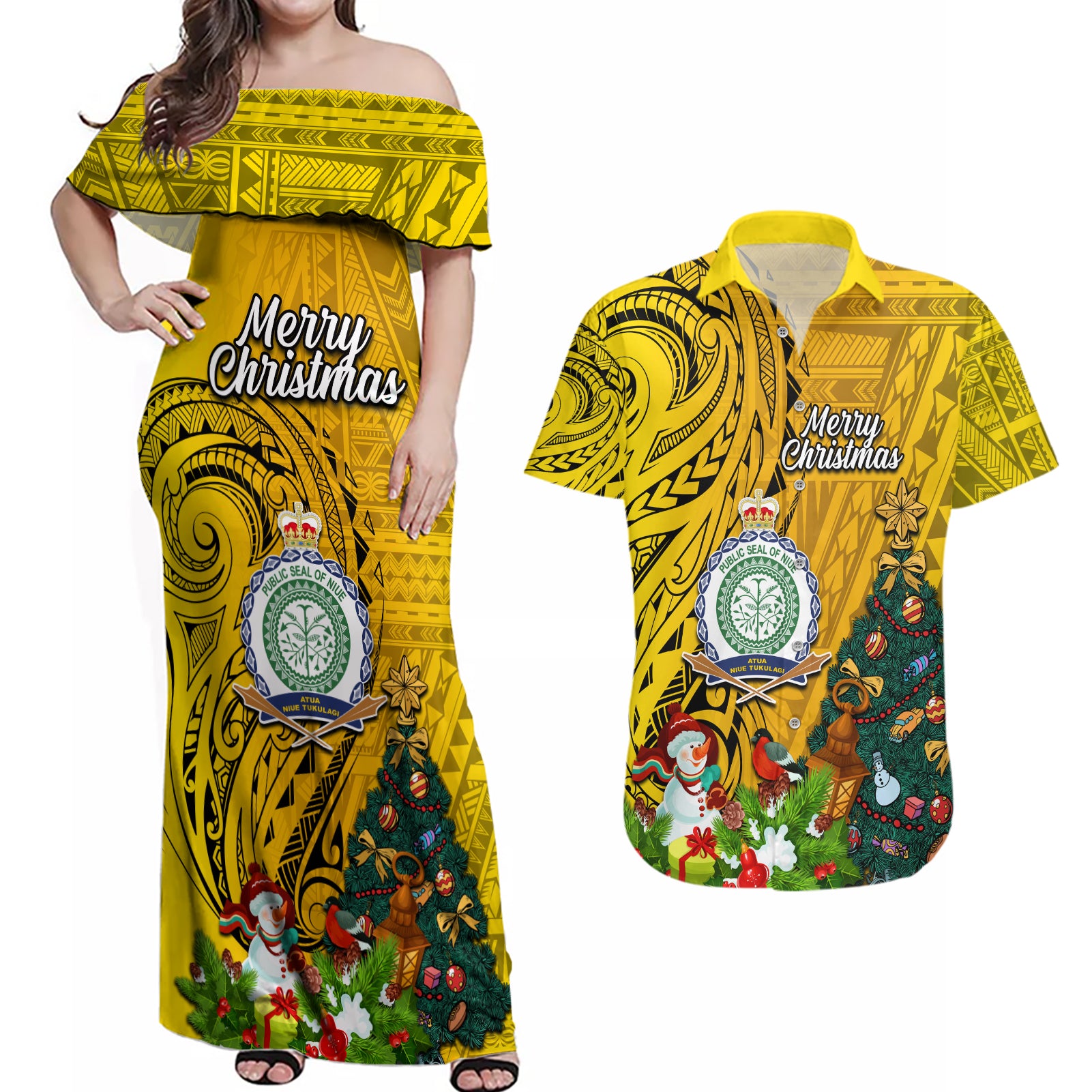 Niue Christmas Couples Matching Off Shoulder Maxi Dress and Hawaiian Shirt Coat of Arms and Polynesian Tattoo Xmas Element Christmas Yellow Vibe LT03 Yellow - Polynesian Pride