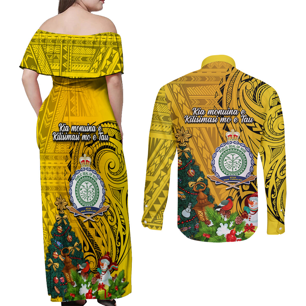 Niue Christmas Couples Matching Off Shoulder Maxi Dress and Long Sleeve Button Shirt Coat of Arms and Polynesian Tattoo Xmas Element Christmas Yellow Vibe LT03 - Polynesian Pride