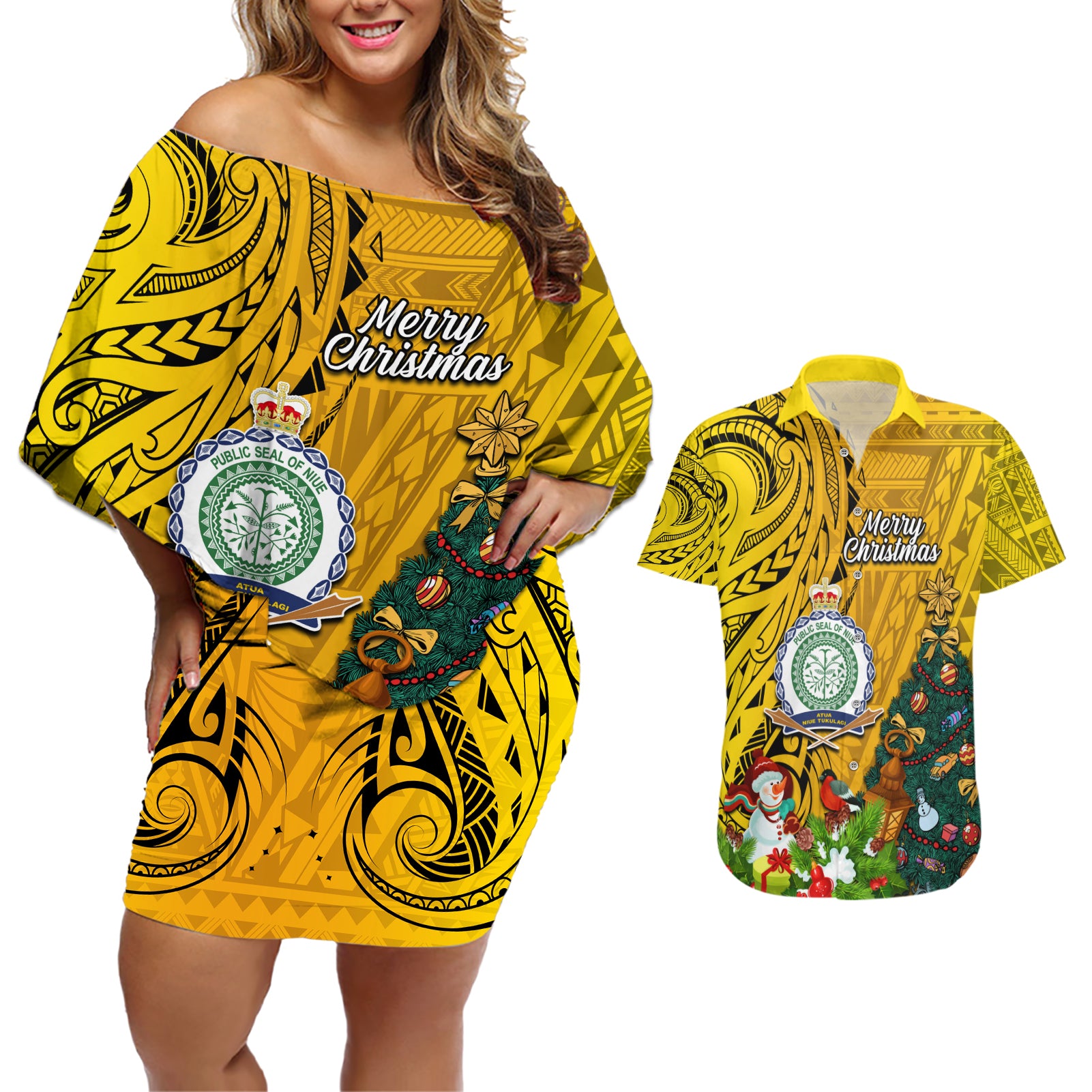 Niue Christmas Couples Matching Off Shoulder Short Dress and Hawaiian Shirt Coat of Arms and Polynesian Tattoo Xmas Element Christmas Yellow Vibe LT03 Yellow - Polynesian Pride