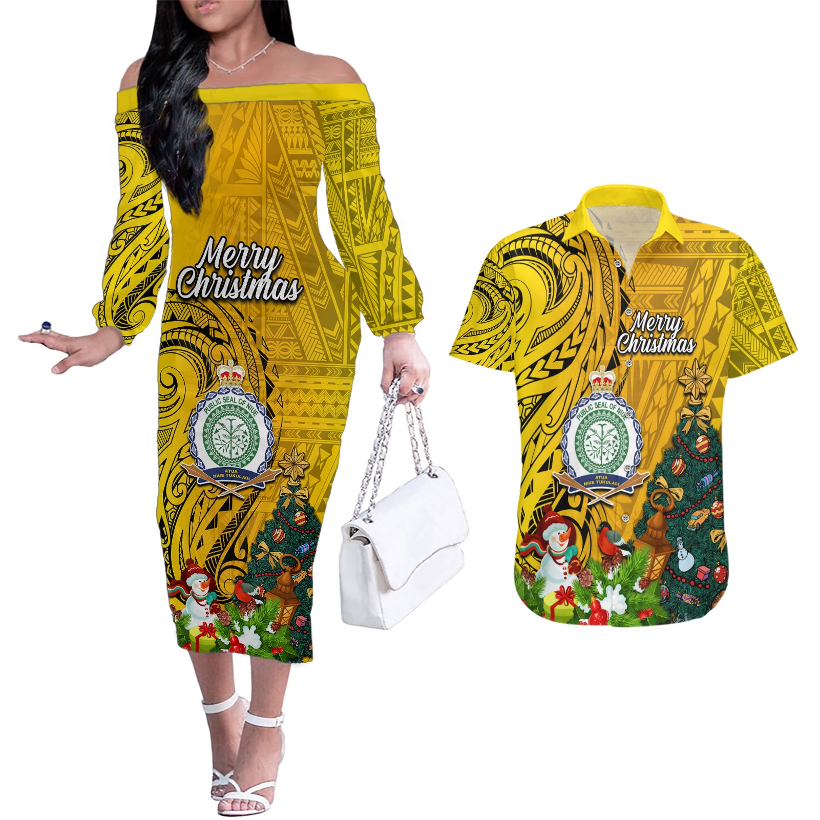 Niue Christmas Couples Matching Off The Shoulder Long Sleeve Dress and Hawaiian Shirt Coat of Arms and Polynesian Tattoo Xmas Element Christmas Yellow Vibe LT03 Yellow - Polynesian Pride