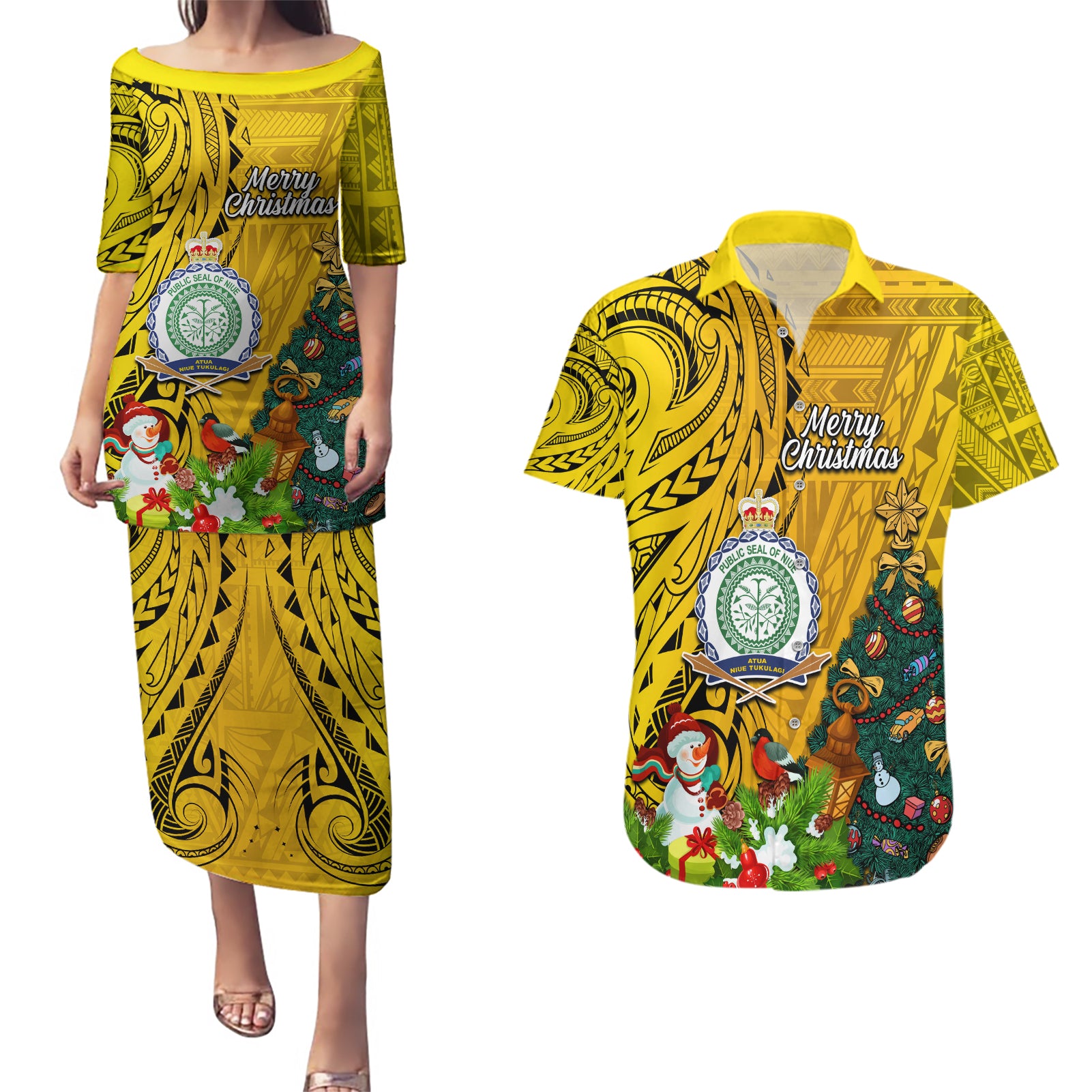 Niue Christmas Couples Matching Puletasi Dress and Hawaiian Shirt Coat of Arms and Polynesian Tattoo Xmas Element Christmas Yellow Vibe LT03 Yellow - Polynesian Pride