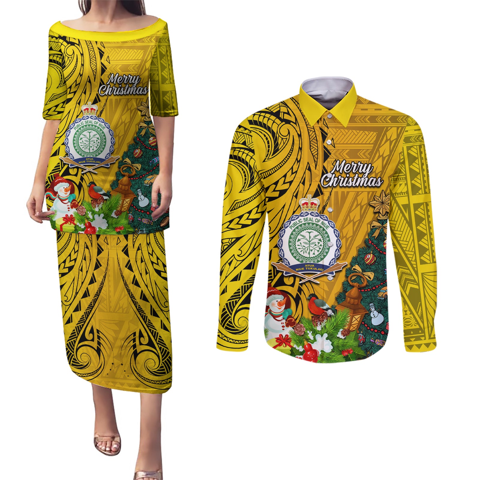 Niue Christmas Couples Matching Puletasi Dress and Long Sleeve Button Shirt Coat of Arms and Polynesian Tattoo Xmas Element Christmas Yellow Vibe LT03 Yellow - Polynesian Pride