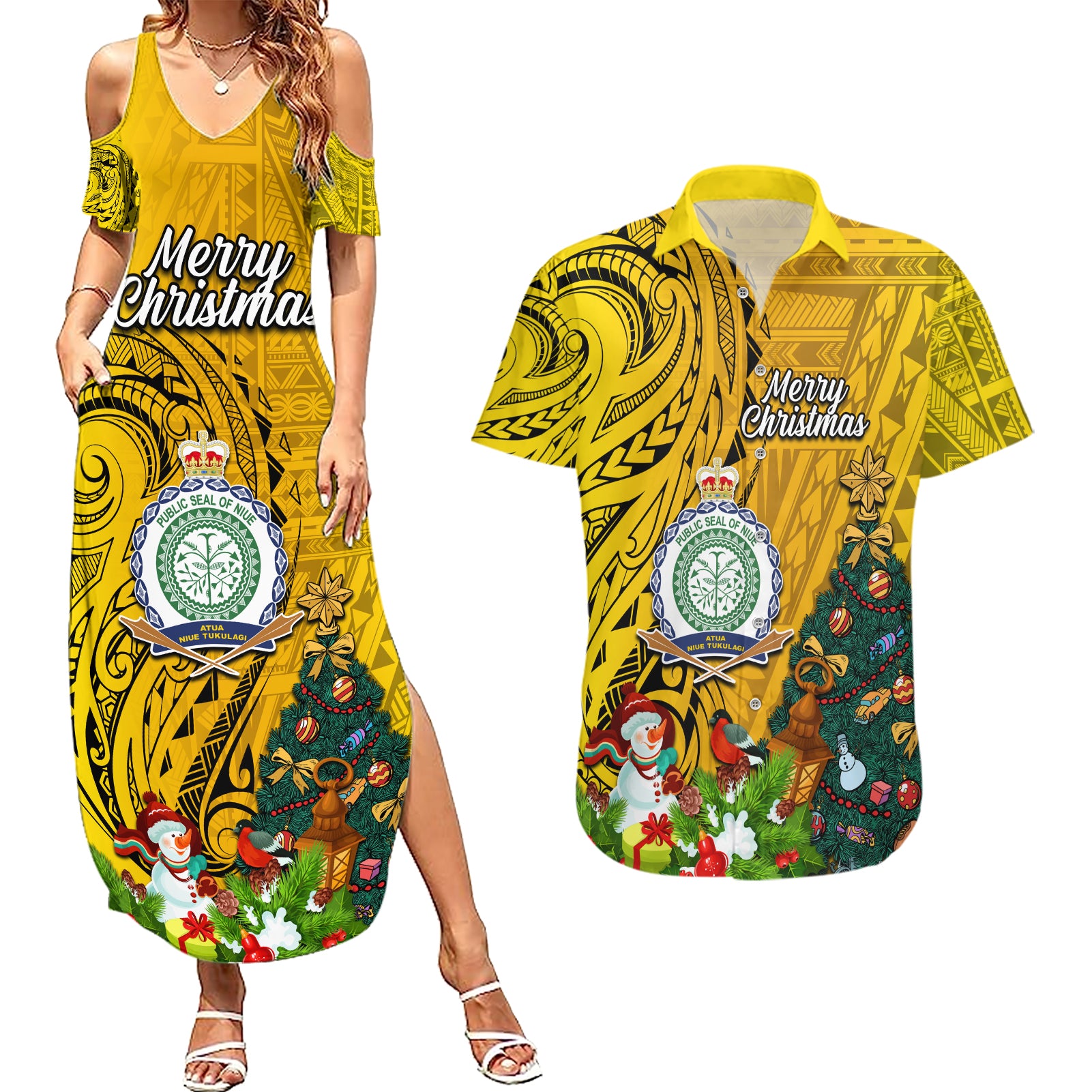 Niue Christmas Couples Matching Summer Maxi Dress and Hawaiian Shirt Coat of Arms and Polynesian Tattoo Xmas Element Christmas Yellow Vibe LT03 Yellow - Polynesian Pride