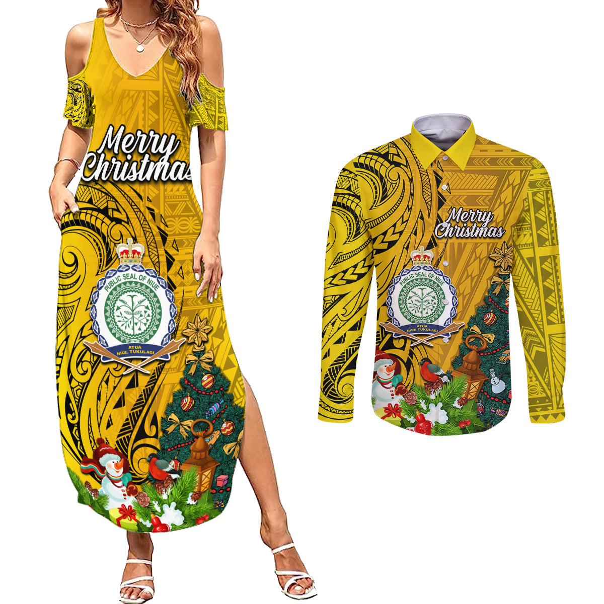 Niue Christmas Couples Matching Summer Maxi Dress and Long Sleeve Button Shirt Coat of Arms and Polynesian Tattoo Xmas Element Christmas Yellow Vibe LT03 Yellow - Polynesian Pride