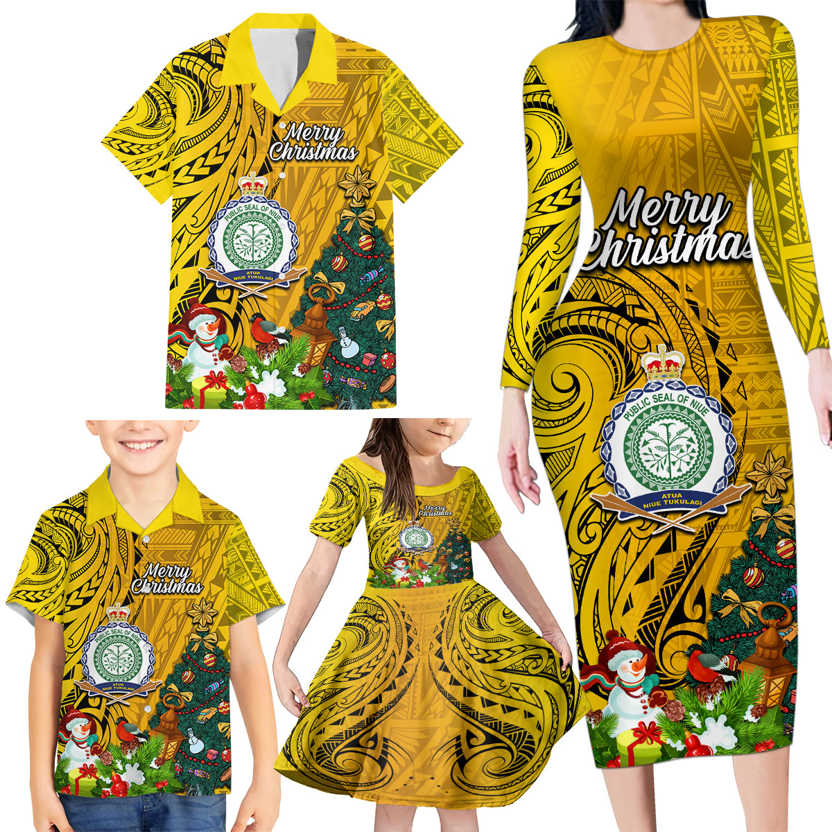 Niue Christmas Family Matching Long Sleeve Bodycon Dress and Hawaiian Shirt Coat of Arms and Polynesian Tattoo Xmas Element Christmas Yellow Vibe LT03 - Polynesian Pride