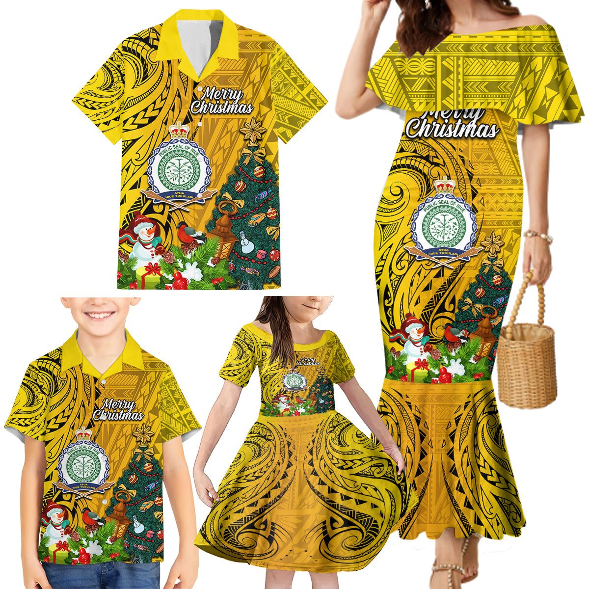 Niue Christmas Family Matching Mermaid Dress and Hawaiian Shirt Coat of Arms and Polynesian Tattoo Xmas Element Christmas Yellow Vibe LT03 - Polynesian Pride