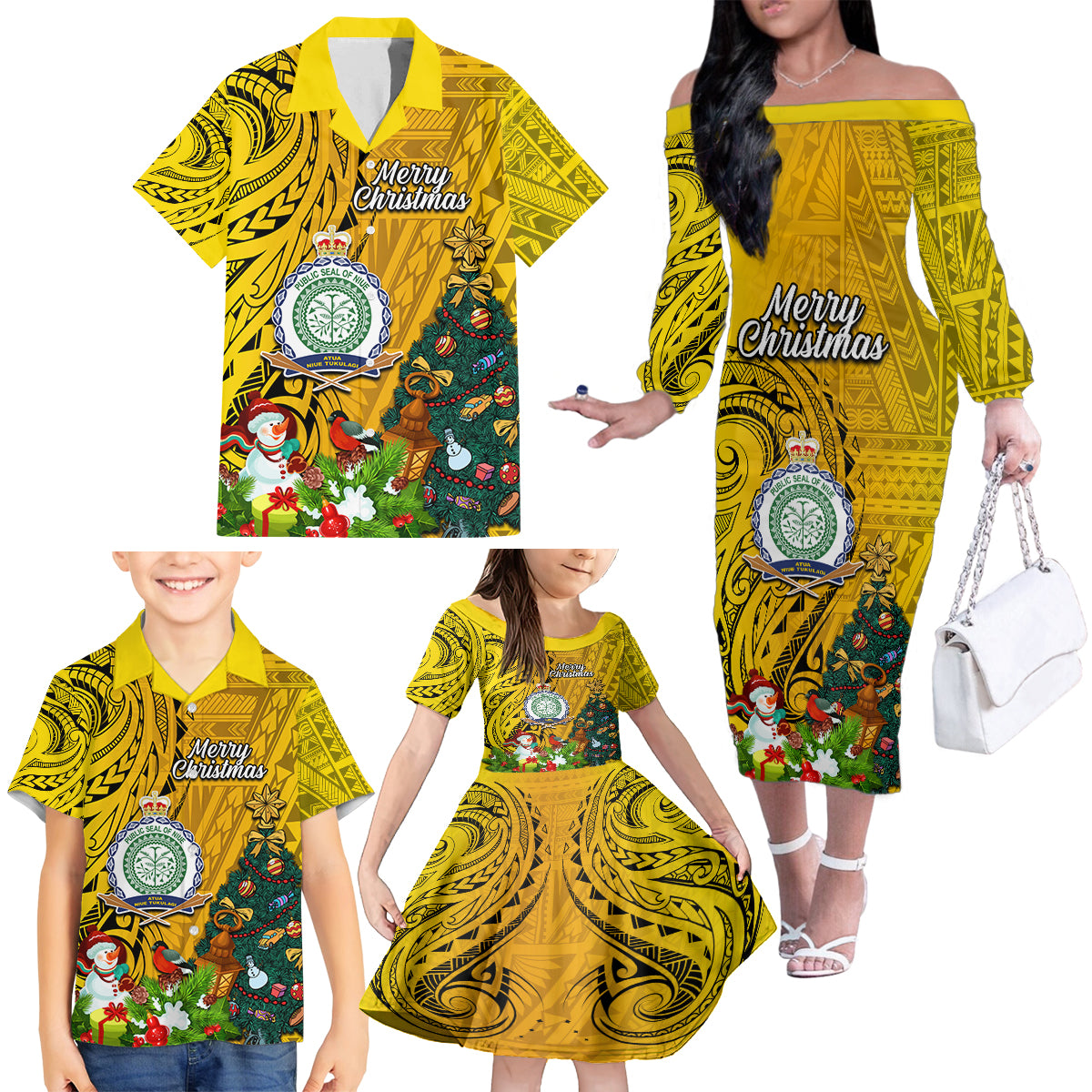 Niue Christmas Family Matching Off Shoulder Long Sleeve Dress and Hawaiian Shirt Coat of Arms and Polynesian Tattoo Xmas Element Christmas Yellow Vibe LT03 - Polynesian Pride