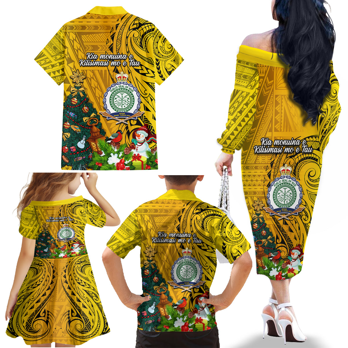 Niue Christmas Family Matching Off Shoulder Long Sleeve Dress and Hawaiian Shirt Coat of Arms and Polynesian Tattoo Xmas Element Christmas Yellow Vibe LT03 - Polynesian Pride