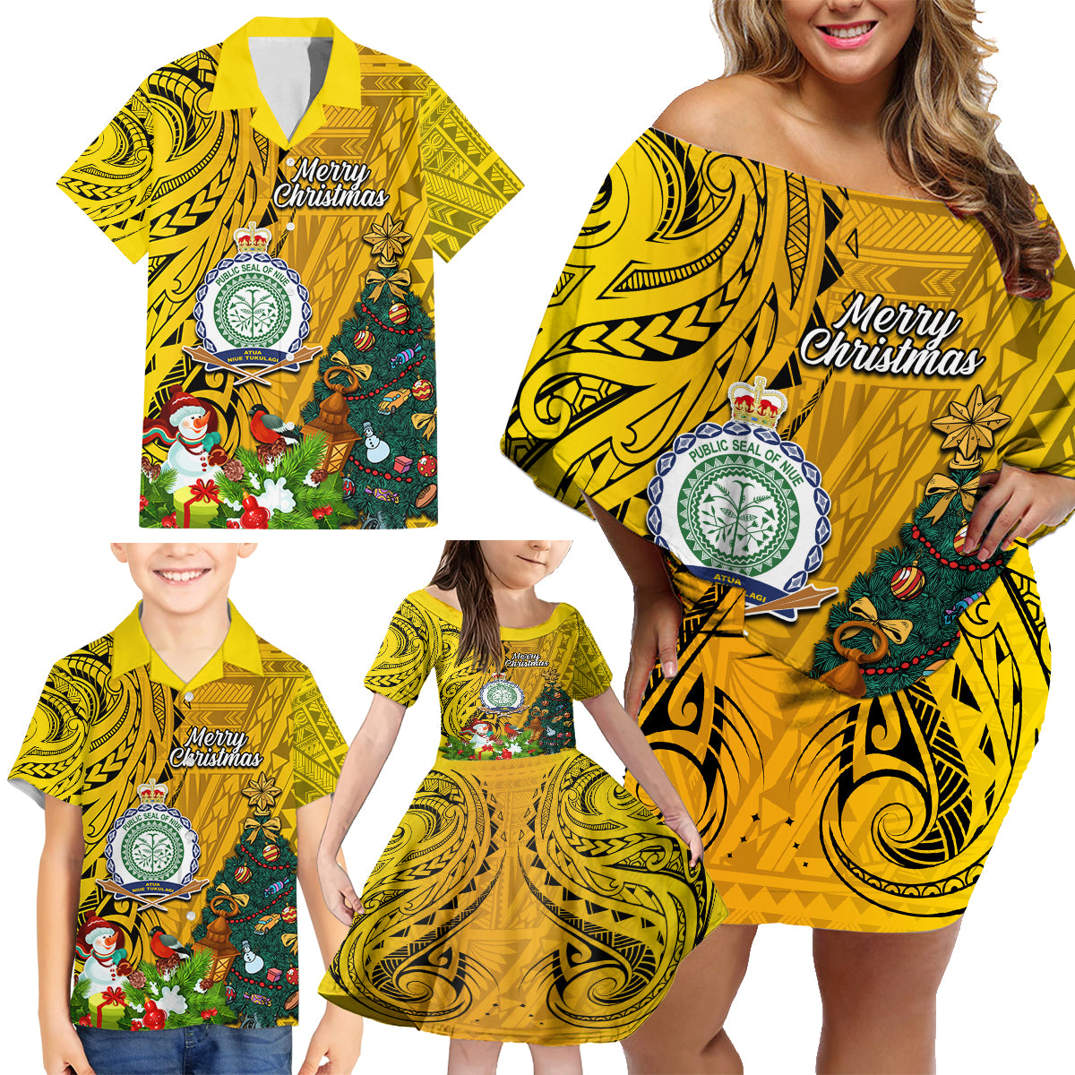 Niue Christmas Family Matching Off Shoulder Short Dress and Hawaiian Shirt Coat of Arms and Polynesian Tattoo Xmas Element Christmas Yellow Vibe LT03 - Polynesian Pride