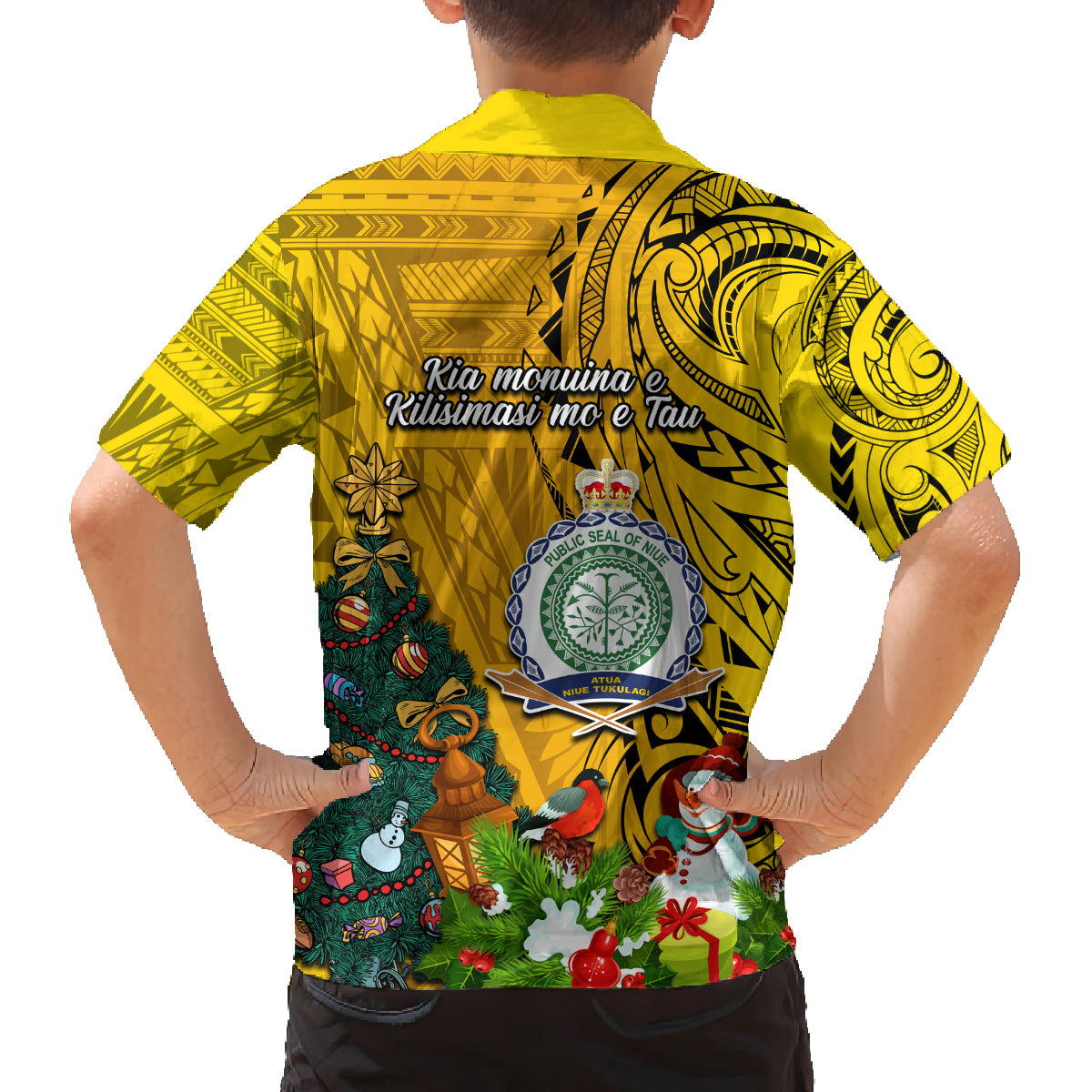 Niue Christmas Family Matching Summer Maxi Dress and Hawaiian Shirt Coat of Arms and Polynesian Tattoo Xmas Element Christmas Yellow Vibe LT03 - Polynesian Pride