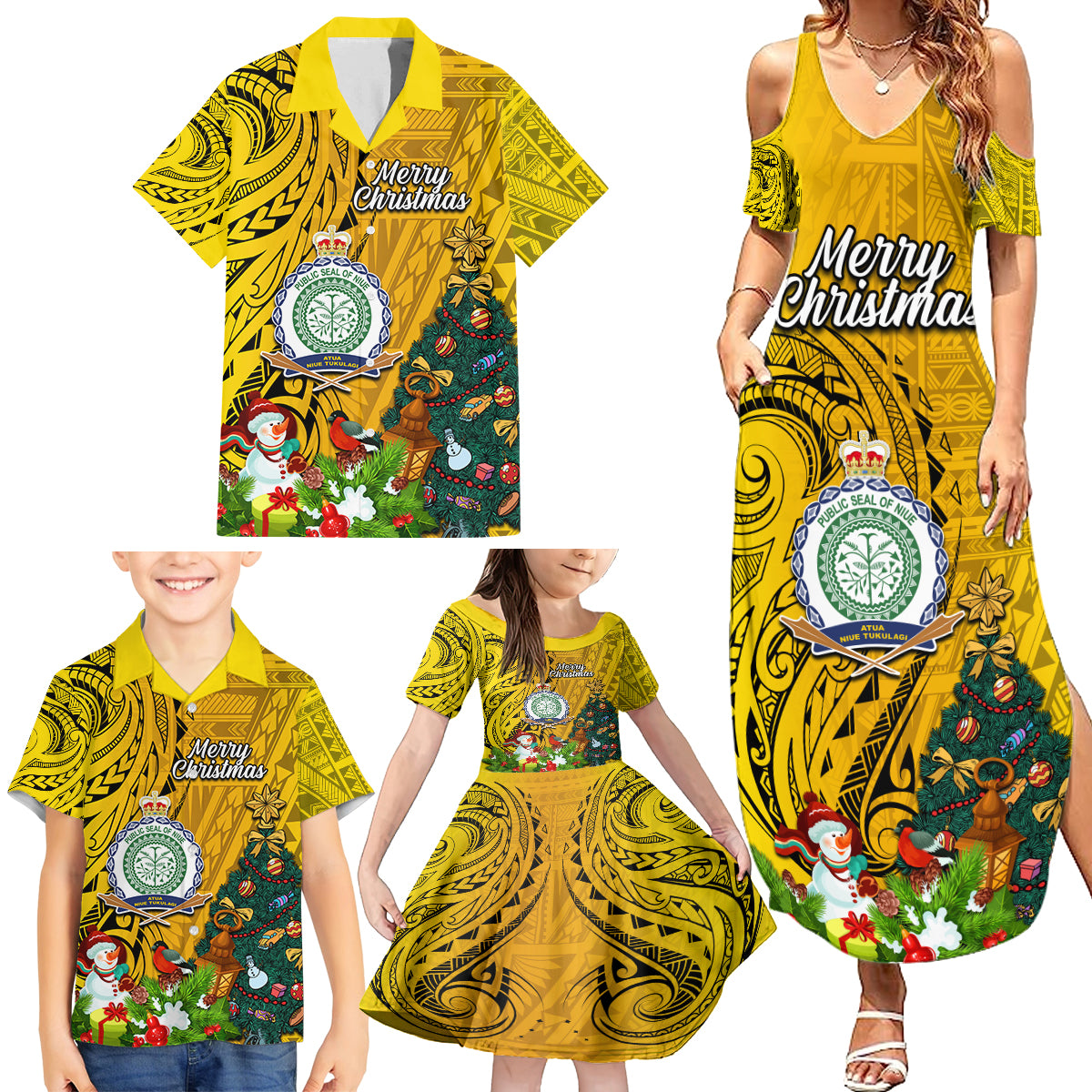 Niue Christmas Family Matching Summer Maxi Dress and Hawaiian Shirt Coat of Arms and Polynesian Tattoo Xmas Element Christmas Yellow Vibe LT03 - Polynesian Pride