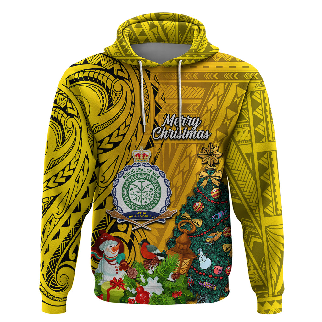 Niue Christmas Hoodie Coat of Arms and Polynesian Tattoo Xmas Element Christmas Yellow Vibe LT03 Yellow - Polynesian Pride