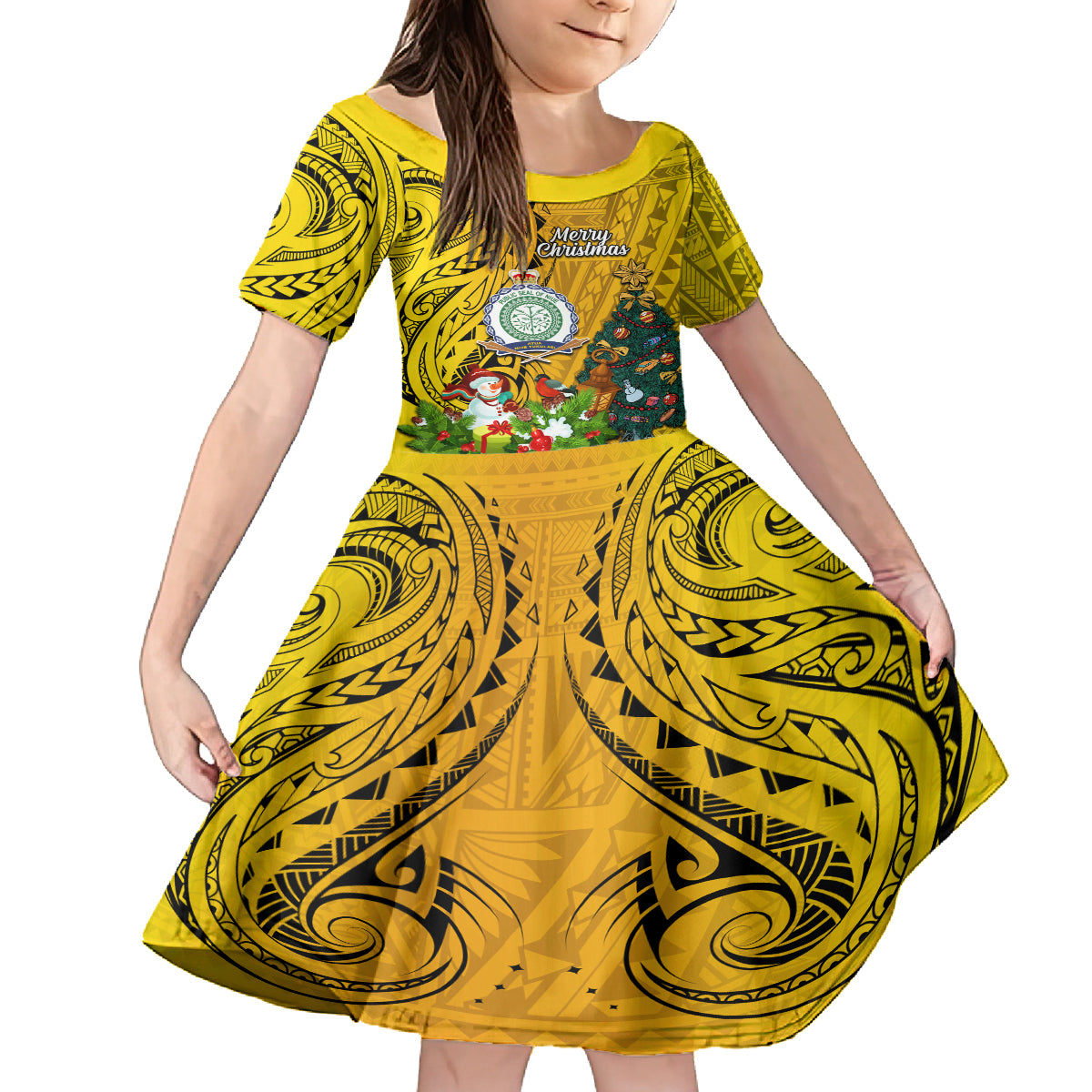 Niue Christmas Kid Short Sleeve Dress Coat of Arms and Polynesian Tattoo Xmas Element Christmas Yellow Vibe LT03 KID Yellow - Polynesian Pride