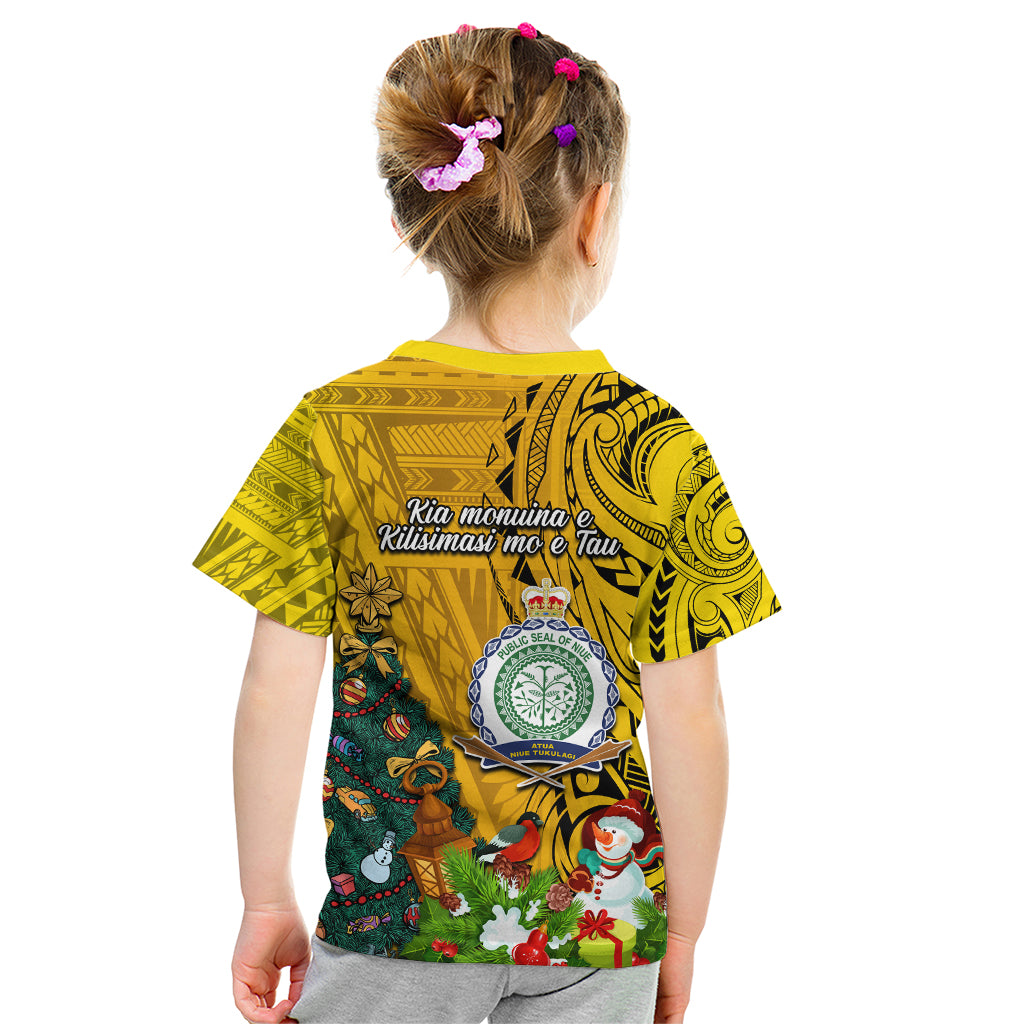 Niue Christmas Kid T Shirt Coat of Arms and Polynesian Tattoo Xmas Element Christmas Yellow Vibe LT03 - Polynesian Pride