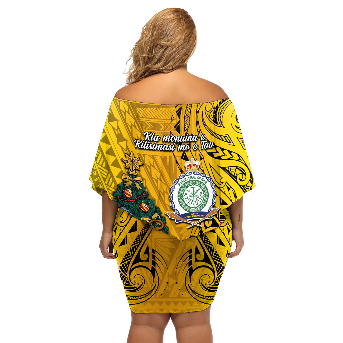Niue Christmas Off Shoulder Short Dress Coat of Arms and Polynesian Tattoo Xmas Element Christmas Yellow Vibe LT03 - Polynesian Pride