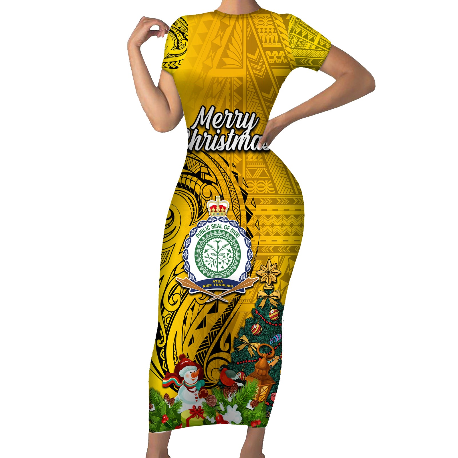 Niue Christmas Short Sleeve Bodycon Dress Coat of Arms and Polynesian Tattoo Xmas Element Christmas Yellow Vibe LT03 Long Dress Yellow - Polynesian Pride