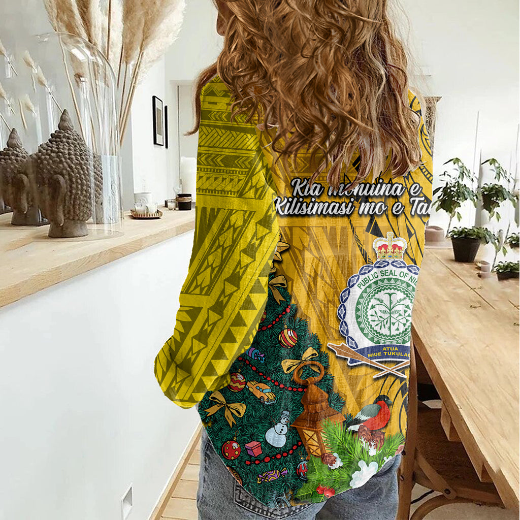 Niue Christmas Women Casual Shirt Coat of Arms and Polynesian Tattoo Xmas Element Christmas Yellow Vibe LT03 - Polynesian Pride