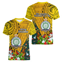 Niue Christmas Women V Neck T Shirt Coat of Arms and Polynesian Tattoo Xmas Element Christmas Yellow Vibe LT03 - Polynesian Pride