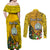 Personalised Niue Christmas Couples Matching Off Shoulder Maxi Dress and Long Sleeve Button Shirt Coat of Arms and Polynesian Tattoo Xmas Element Christmas Yellow Vibe LT03 - Polynesian Pride