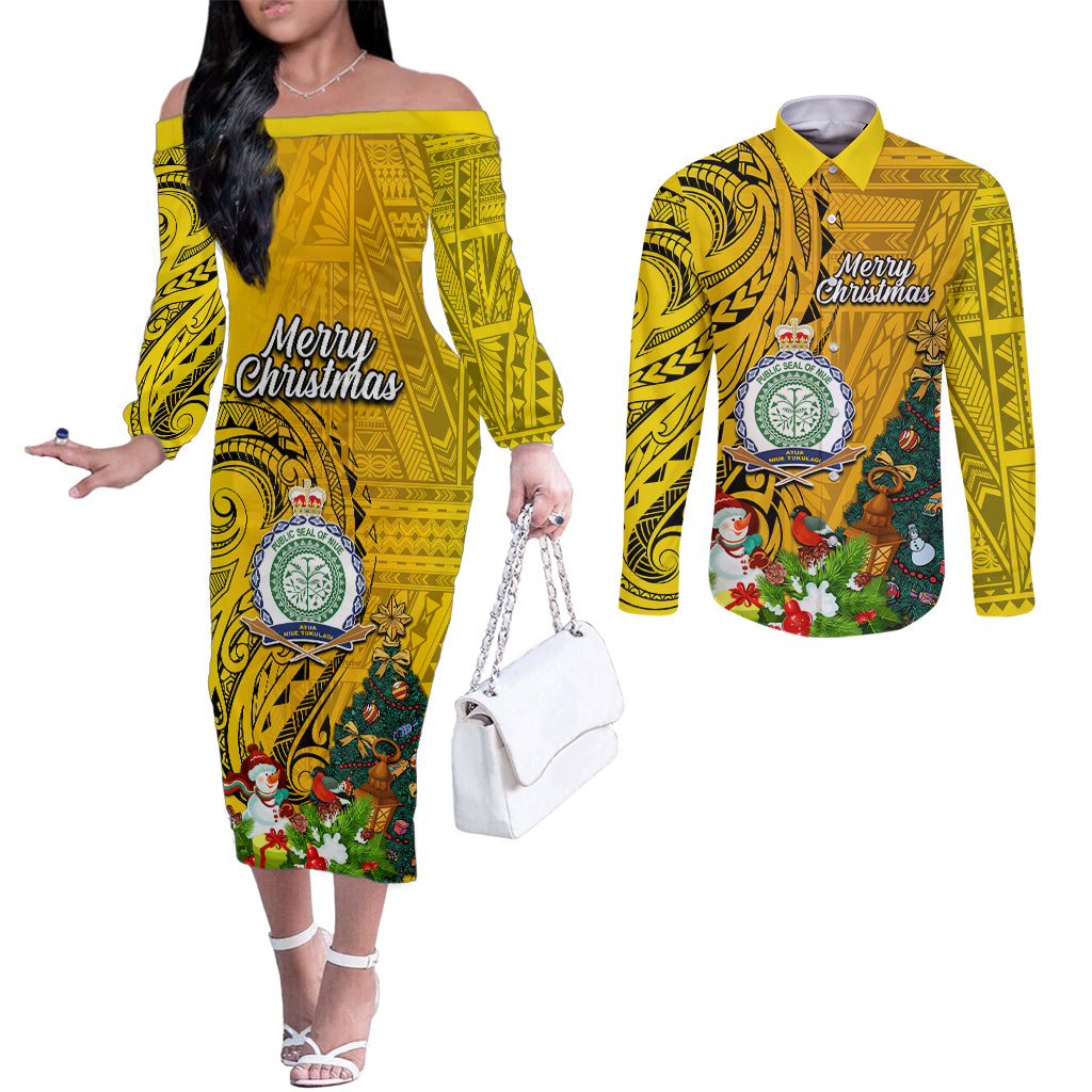 Personalised Niue Christmas Couples Matching Off The Shoulder Long Sleeve Dress and Long Sleeve Button Shirt Coat of Arms and Polynesian Tattoo Xmas Element Christmas Yellow Vibe LT03 Yellow - Polynesian Pride