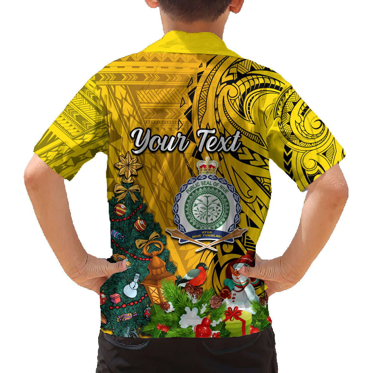 Personalised Niue Christmas Family Matching Long Sleeve Bodycon Dress and Hawaiian Shirt Coat of Arms and Polynesian Tattoo Xmas Element Christmas Yellow Vibe LT03 - Polynesian Pride
