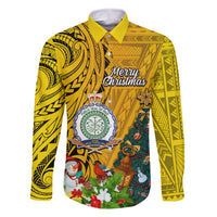 Personalised Niue Christmas Family Matching Long Sleeve Bodycon Dress and Hawaiian Shirt Coat of Arms and Polynesian Tattoo Xmas Element Christmas Yellow Vibe LT03 Dad's Shirt - Long Sleeve Yellow - Polynesian Pride