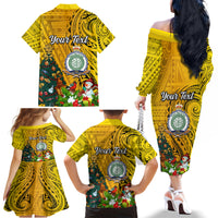 Personalised Niue Christmas Family Matching Off Shoulder Long Sleeve Dress and Hawaiian Shirt Coat of Arms and Polynesian Tattoo Xmas Element Christmas Yellow Vibe LT03 - Polynesian Pride