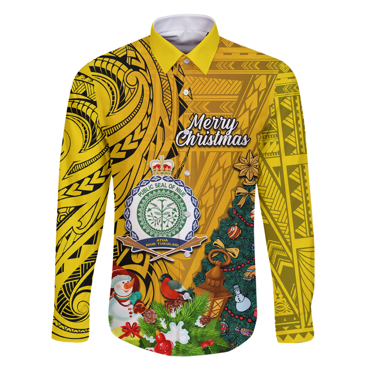 Personalised Niue Christmas Family Matching Off Shoulder Maxi Dress and Hawaiian Shirt Coat of Arms and Polynesian Tattoo Xmas Element Christmas Yellow Vibe LT03 Dad's Shirt - Long Sleeve Yellow - Polynesian Pride