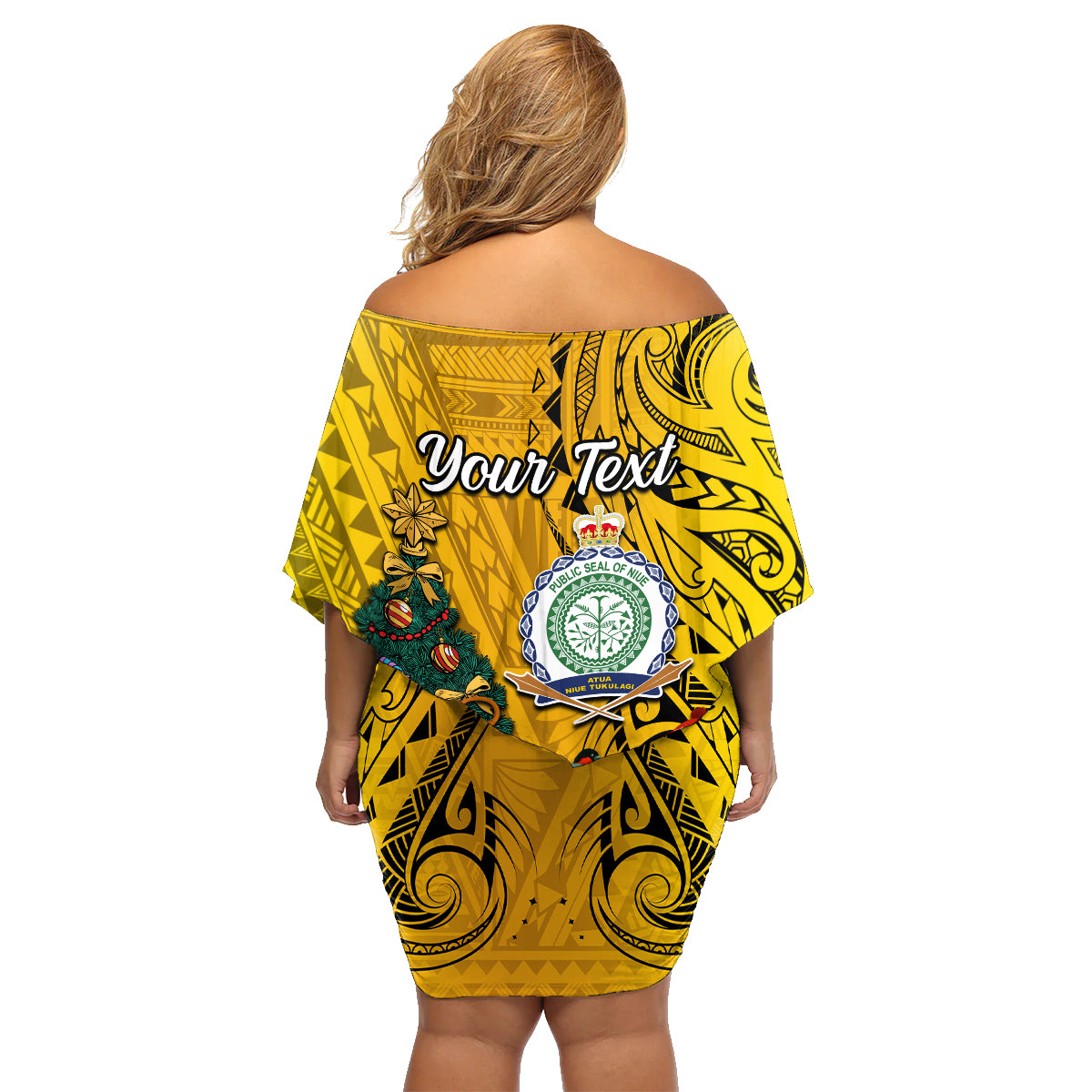 Personalised Niue Christmas Family Matching Off Shoulder Short Dress and Hawaiian Shirt Coat of Arms and Polynesian Tattoo Xmas Element Christmas Yellow Vibe LT03 - Polynesian Pride